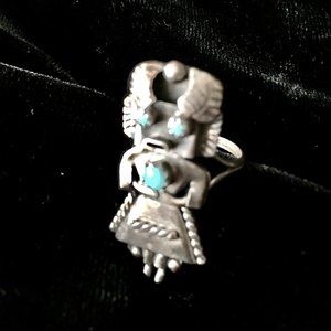 Vintage Native American Silver and Turquoise Kachina Ring, Zuni, Rare